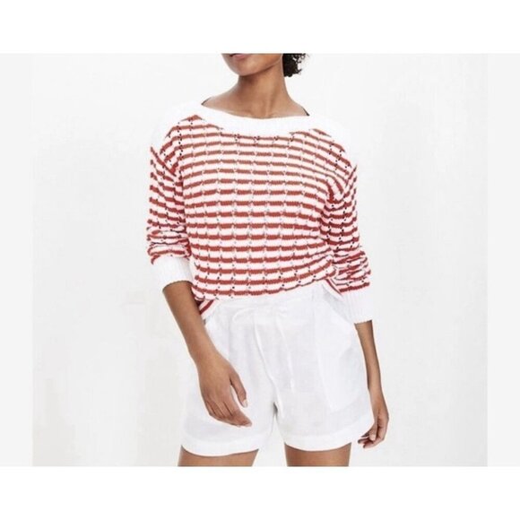 LOFT Sweaters - Loft Medium Stripe Open Weave Stitch Boatneck Sweater Red White Xmas Holiday Y2K